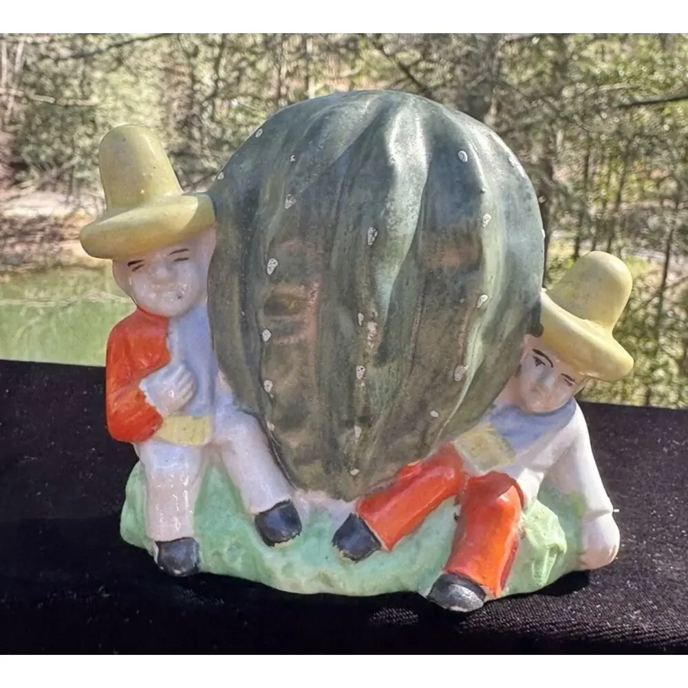 Vintage Ceramic Cactus Coin Bank with Coin Slot, Two Sombrero Figures TO15